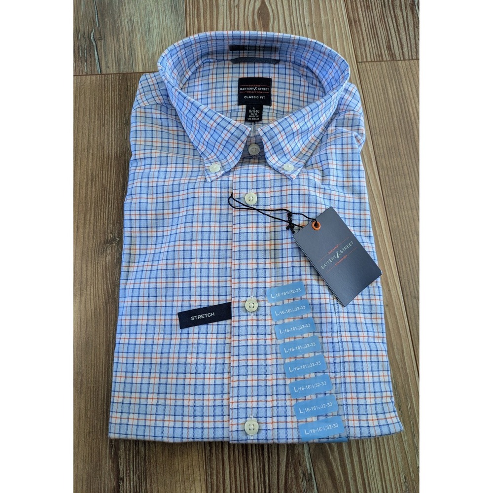 Dockers Battery Street Orange Blue Tatter Plaid Button Down Dress Shirt